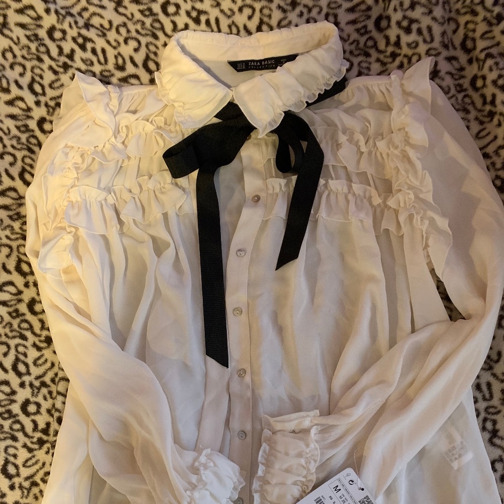 Zara White Ruffle Pussy Bow Blouse